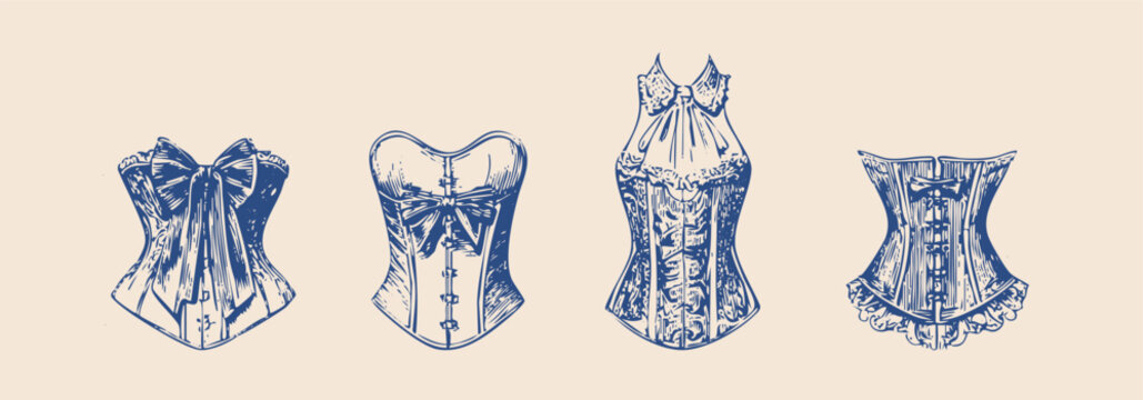 vintage rococo fashion illustrations, hand drawn engraving style, antique women's garments, corsets, blouses