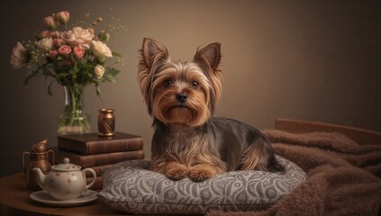 High-quality still life photo of a Yorkshire Terrier on a cushion or table in a cozy, sunlit interior, soft focus highlighting its silky brown and tan coat and gentle, serene expression.