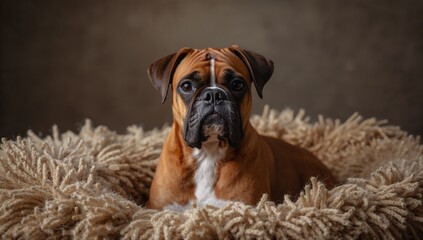 High-quality still life photo of a Boxer in a cozy, warmly lit interior, soft natural light and shallow depth of field highlighting its short coat, wrinkled face, and playful, affectionate expression.