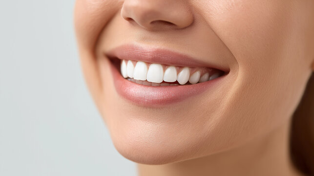 Woman smiling with perfect white teeth, clean healthy gums and full lips, dental health concept for oral care, dentistry, cosmetic procedures, beauty, and hygiene