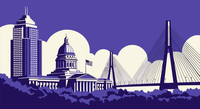 Cityscape vector illustration featuring iconic landmarks including a dome building and suspension bridge under a cloudy sky