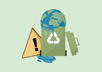 Melting Earth Overflowing Recycle Bin Warning. environmental pollution crisis. Climate change concept. Global warming. Climate crisis and climate action. Flat design. Vector illustration