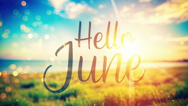 Sunny hello june lettering over blurred green meadow and blue sea horizon with warm golden sunset bokeh and light leaks, joyful beginning of carefree summer holidays atmosphere