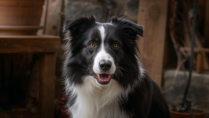 High-quality still life photo of a Border Collie in a rustic outdoor setting, soft natural light highlighting its black and white coat, textured fur, and alert, engaged expression.