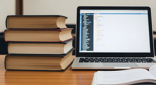 Stack of textbooks next to a laptop displaying programming code