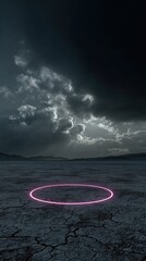 Dark Desert Black Sky White Clouds Cracked Ground Pink Light Circle