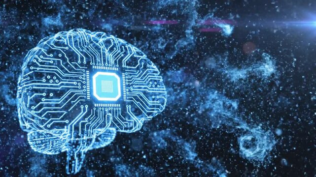 A digital representation of a human brain with a glowing microchip at its center, set against a vibrant, starry galaxy background.