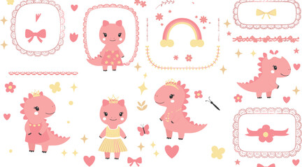 Cute pink baby dinosaur vector set with bows, rainbows, frames, hearts, flowers, and kawaii pastel fantasy characters for kids