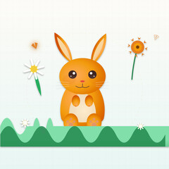 Stylized vector illustration of a cute orange hare in a vibrant flat design style featuring nature elements and geometric gradients.