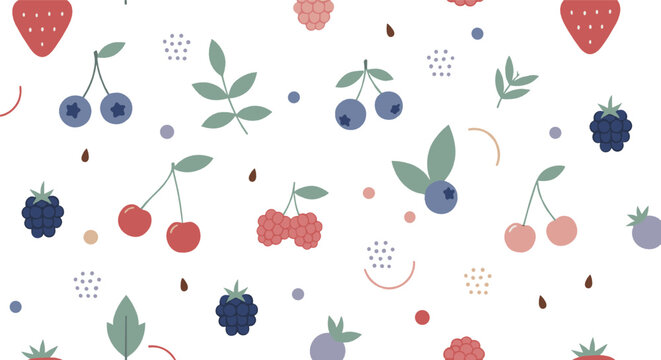 Minimal pastel berry seamless pattern vector with strawberries, cherries, blueberries, raspberries, leaves, and soft modern fruit background design
