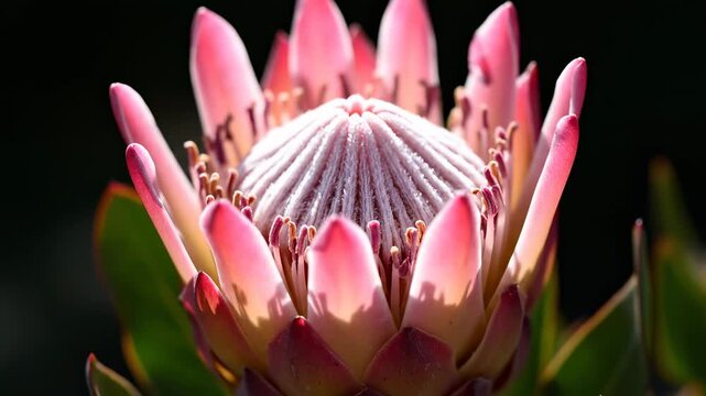 Close up of pink protea flower blooming