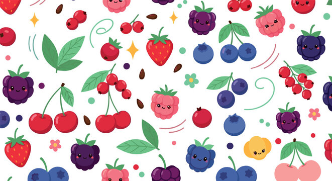 Cute seamless berry and fruit pattern vector with strawberries, cherries, blueberries, raspberries, leaves, and playful colorful elements