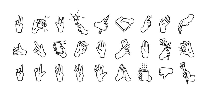 Doodle set of hand gestures. Different signs- thumbs up, ok, high five. Palms holding pencils, pointing fingers. Nonverbal communication with emoji. Outline isolated vector illustrations on white