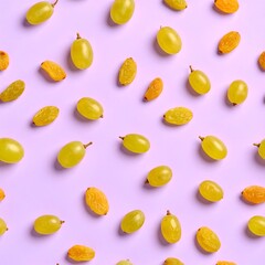 Fresh grapes and raisins scattered on a soft purple backdrop