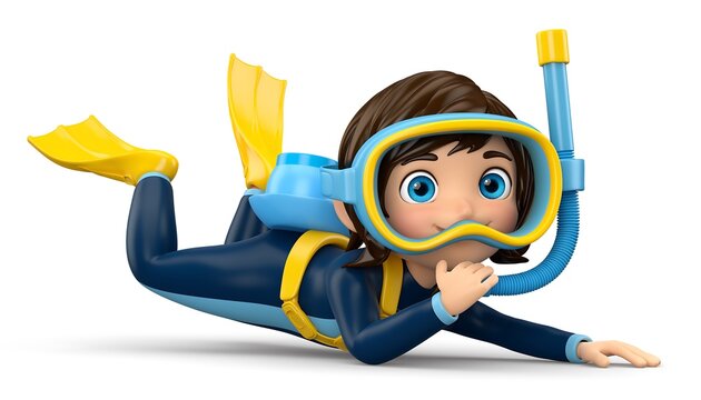 High-quality 3D cartoon child diver character wearing modern scuba gear in a playful pose. Perfect for underwater themes, marine education, kids storytelling, and adventure concepts. Designed with bri