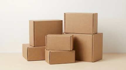 Obraz premium Group of Various Sized Brown Mailing Boxes Mockup, Minimalist Packaging Design for Small Business and Delivery