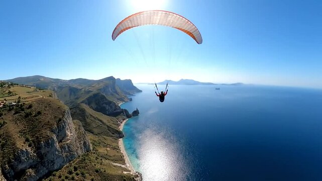 Spectacular aerial view of a paraglider soaring over a coastline with mountains and turquoise water under a bright sun