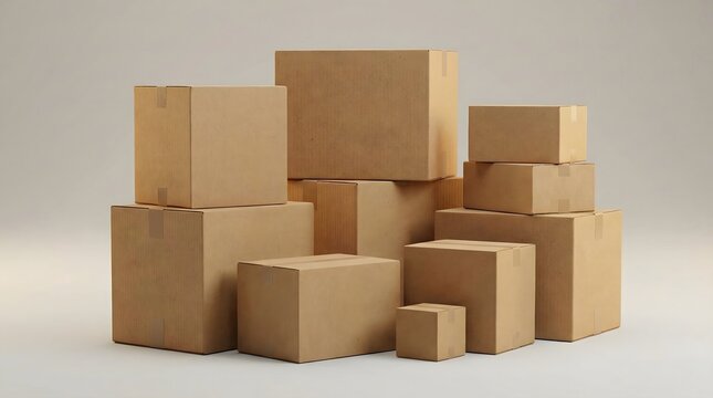 Stack of Brown Cardboard Packaging Boxes in Different Sizes, Shipping and Relocation Mockup on Gray Background