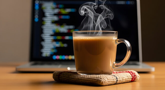 Steaming coffee mug on a woven coaster in front of a laptop disp