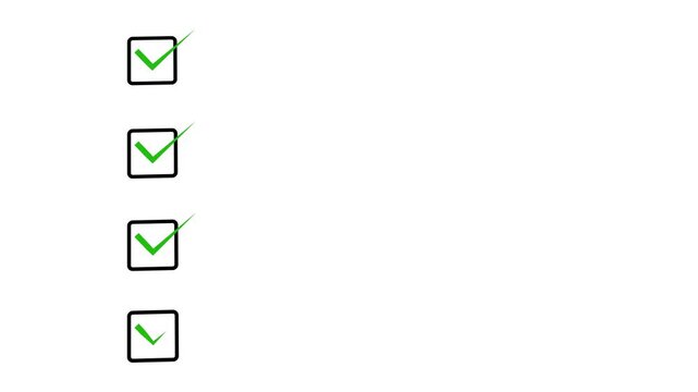 Animated four step process checklist with green check marks and arrow icons. Ideal for business workflow, infographic, approval steps and explainer videos on white or alpha background in 4K.