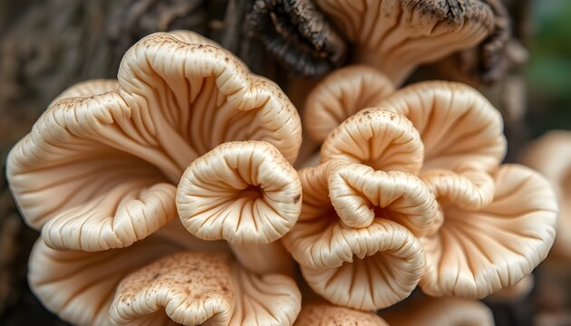 A close-up view of a cluster of mushrooms growing on a tree trunk. The mushrooms have fan-like caps with smooth, light beige to peach coloring and prominent gills radiating outward from the base. Thei