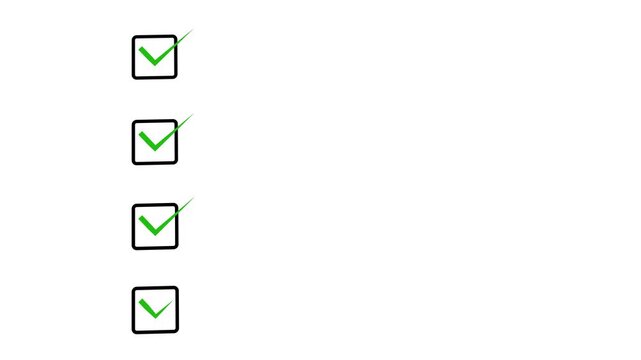Completed Tasks Checklist Animation with Green Check Marks and Process Arrows, Business Workflow and Progress Infographic on White Background in 4K