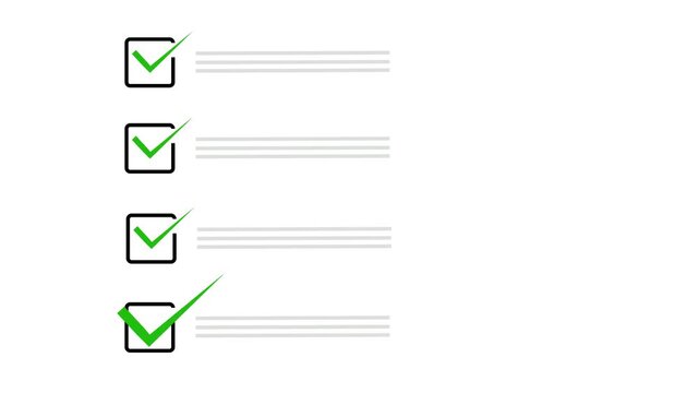 Animated checklist with green check marks and task lines on clean white background, minimal approval and completed task concept for productivity and business workflow visuals