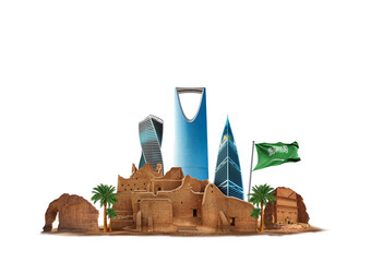 Saudi Founding Day 22 February Celebration Poster Design with Diriyah Heritage and Riyadh Skyline, Saudi Flag, National Identity Banner, Saudi Arabia