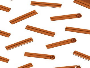 Seamless cinnamon sticks pattern vector background with hand drawn spice elements for food packaging and kitchen design