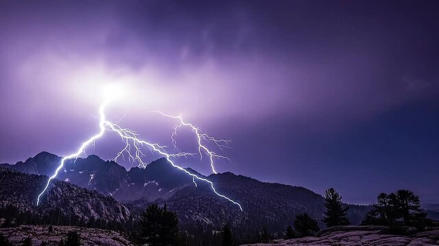 Dramatic Night Sky Lightning Storm Over Mountain 