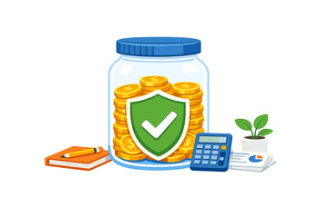 Saving money in a jar with a shield symbol as protection, accompanied by a calculator, notebook, plant, and financial document
