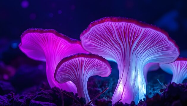 A group of glowing bioluminescent mushrooms in vibrant shades of pink, purple, and blue, growing from a dark forest floor. Their gills radiate with luminous color, casting a surreal glow against the s