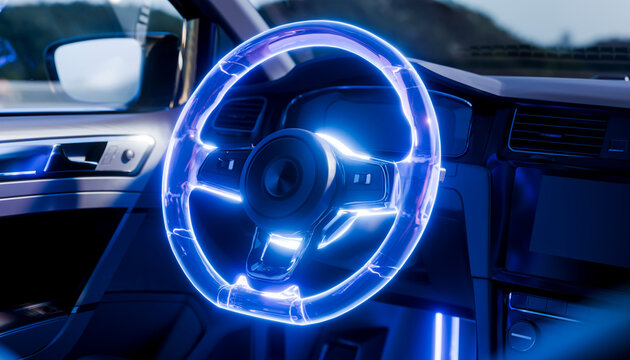Glowing steering wheel in futuristic autonomous car interior