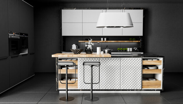Modern dark kitchen interior with island and 3D render design