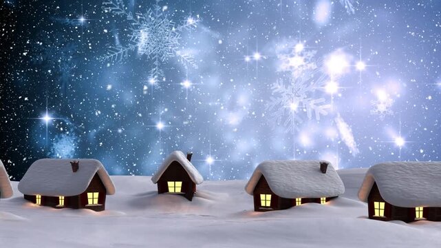 Animation of snow falling over house shape and winter landscape