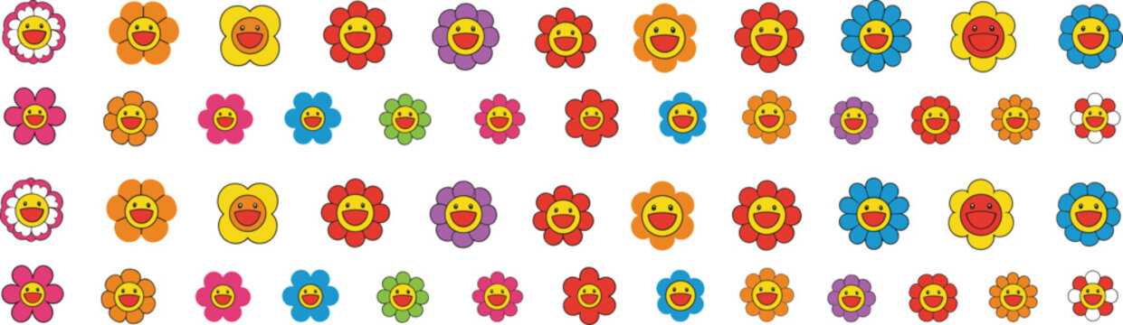 Seamless cute smiling flower pattern vector background with colorful cartoon blossoms for kids, stickers and playful design