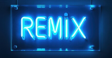 Bright neon sign displays REMIX. Blue glow emanates from lettering, mounted against dark background. Modern aesthetic, vibrant illumination.