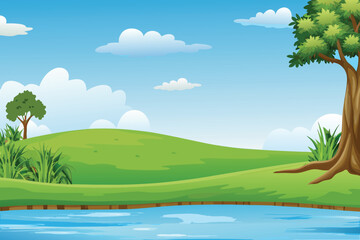 Obraz premium A vibrant landscape features a green hill blue water and fluffy white clouds