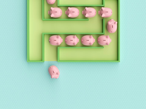 Piggy bank leaving maze symbolizing financial individuality and strategy