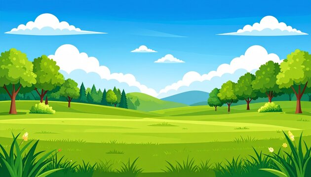 Vector illustration of a sunny summer landscape featuring green grass meadows and lush trees under a bright blue sky with fluffy clouds