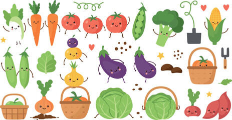 Cute smiling vegetable character set with carrots, tomatoes, broccoli, eggplants, corn, baskets, and playful healthy food cartoon illustrations © Sanjida