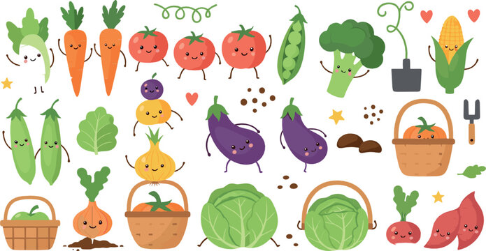 Cute smiling vegetable character set with carrots, tomatoes, broccoli, eggplants, corn, baskets, and playful healthy food cartoon illustrations