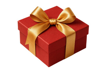 Obraz premium A red gift box with a shiny gold ribbon and bow, isolated on a white background.