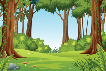 A vibrant illustration depicts a lush forest scene with tall trees and green © PUNNABEGUM
