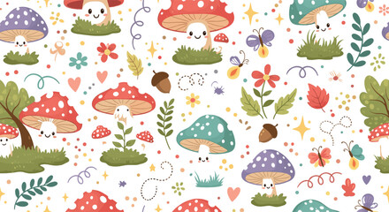 Fototapeta premium Cute kawaii mushroom pattern with smiling toadstools, flowers, butterflies, hearts, and colorful whimsical forest elements in seamless vector style