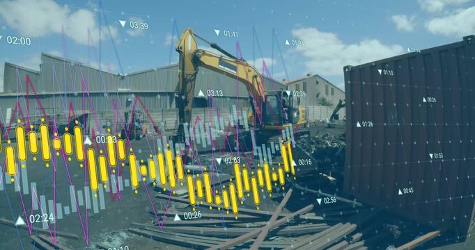 The video is a 4k animation of a crane lifting scrap in a scrapyard on a sunny day