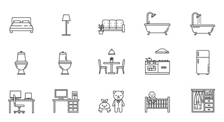 Fototapeta premium A set of minimalist line art icons representing various categories of home furniture for the bedroom, bathroom, kitchen, and office.