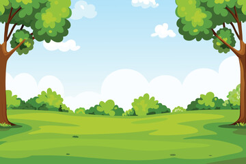 Obraz premium A vibrant cartoon landscape depicts lush green fields framed by large trees high quality
