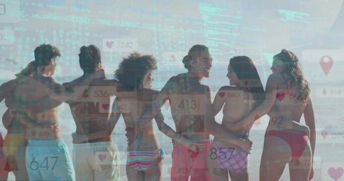 Animation of codes and notification icons over rear view of diverse friends standing at beach