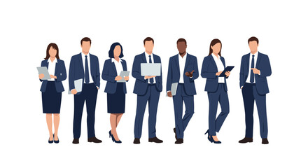 Fototapeta premium A diverse group of professional business people, men and women, standing together as a team in formal corporate attire.
